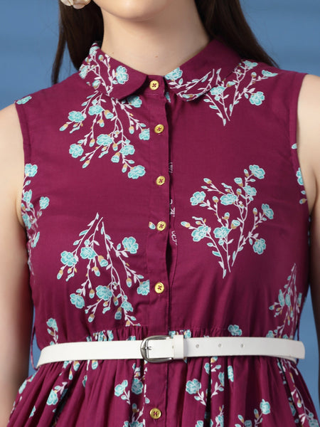Women Purple Floral Printed Shirt Collar A-Line Dress