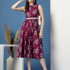 Women Purple Floral Printed Shirt Collar A-Line Dress