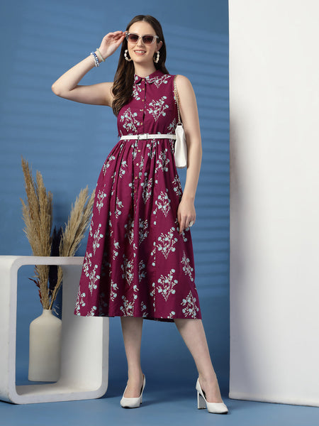 Women Purple Floral Printed Shirt Collar A-Line Dress
