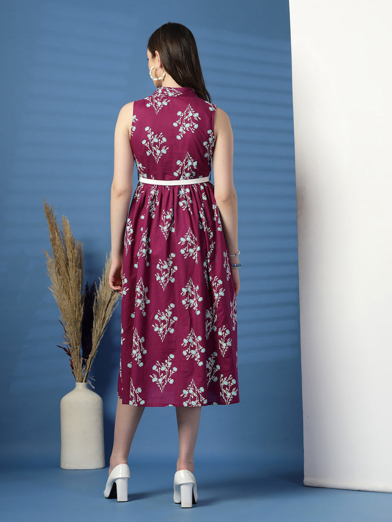 Women Purple Floral Printed Shirt Collar A-Line Dress
