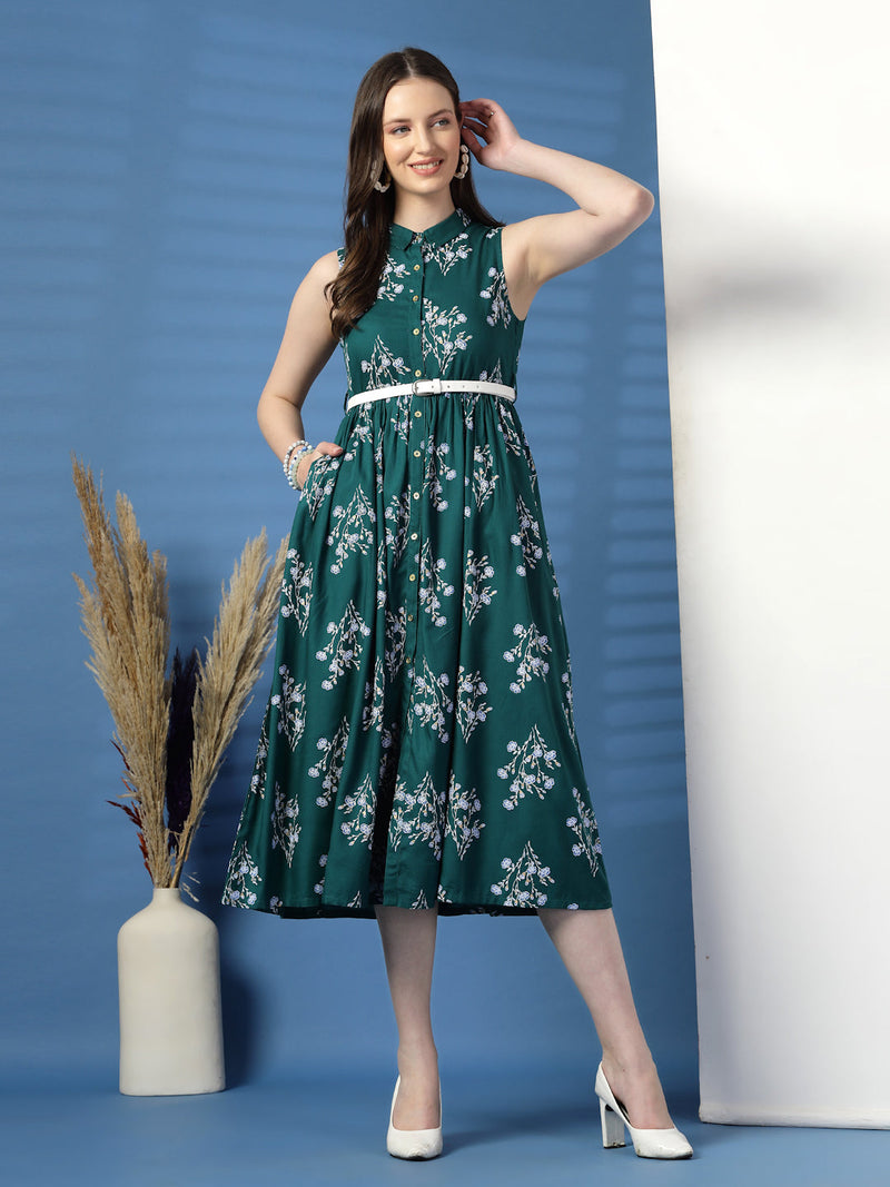 Women Green Floral Print Shirt Collar Sleeveless Shirt Style Midi Dress