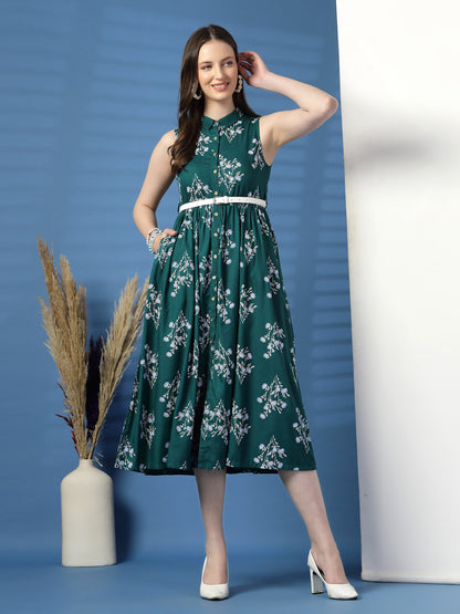 Women Green Floral Print Shirt Collar Sleeveless Shirt Style Midi Dress
