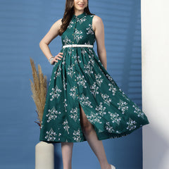 Women Green Floral Print Shirt Collar Sleeveless Shirt Style Midi Dress