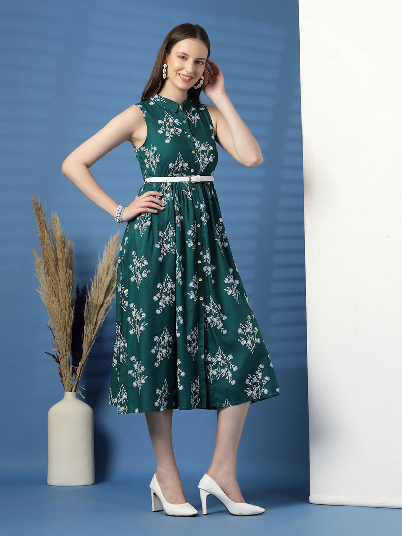 Women Green Floral Print Shirt Collar Sleeveless Shirt Style Midi Dress