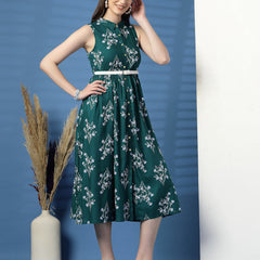 Women Green Floral Print Shirt Collar Sleeveless Shirt Style Midi Dress