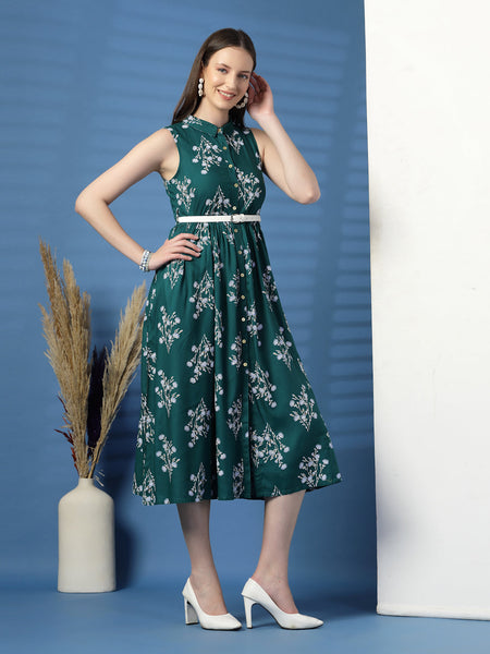 Women Green Floral Print Shirt Collar Sleeveless Shirt Style Midi Dress
