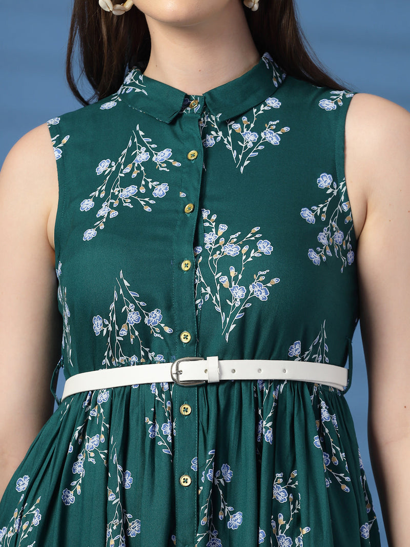 Women Green Floral Print Shirt Collar Sleeveless Shirt Style Midi Dress