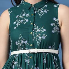 Women Green Floral Print Shirt Collar Sleeveless Shirt Style Midi Dress