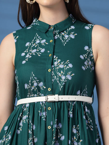 Women Green Floral Print Shirt Collar Sleeveless Shirt Style Midi Dress