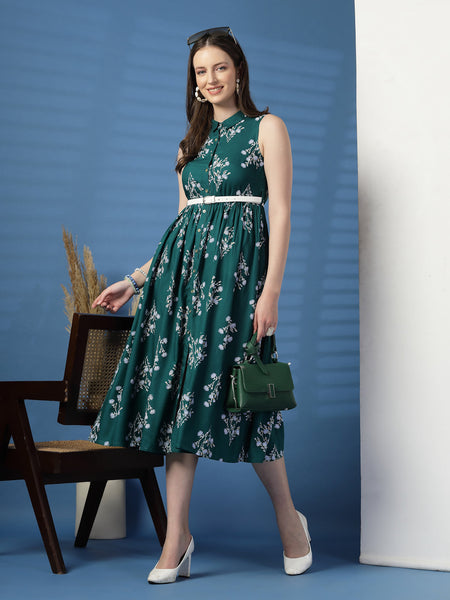 Women Green Floral Print Shirt Collar Sleeveless Shirt Style Midi Dress
