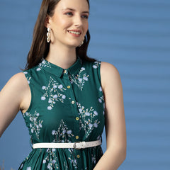 Women Green Floral Print Shirt Collar Sleeveless Shirt Style Midi Dress