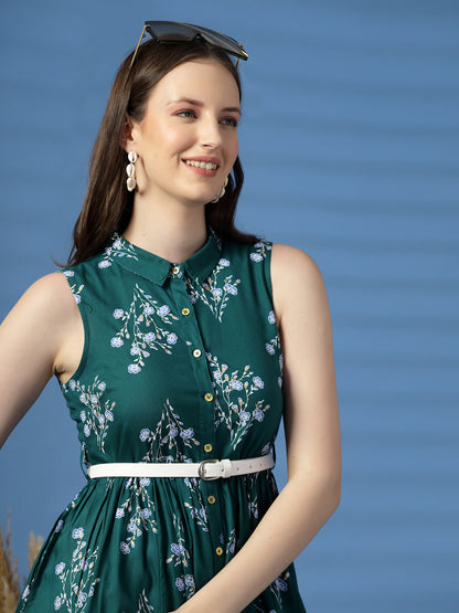 Women Green Floral Print Shirt Collar Sleeveless Shirt Style Midi Dress