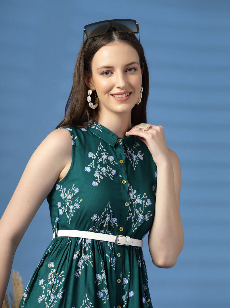 Women Green Floral Print Shirt Collar Sleeveless Shirt Style Midi Dress