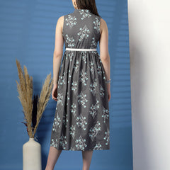 Elegant Grey Sleeveless Printed Cotton Dress