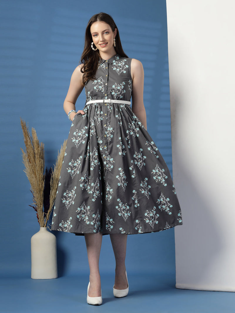 Elegant Grey Sleeveless Printed Cotton Dress