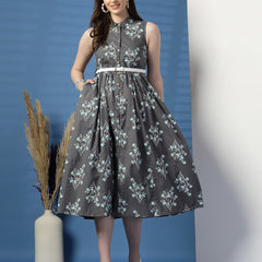 Elegant Grey Sleeveless Printed Cotton Dress
