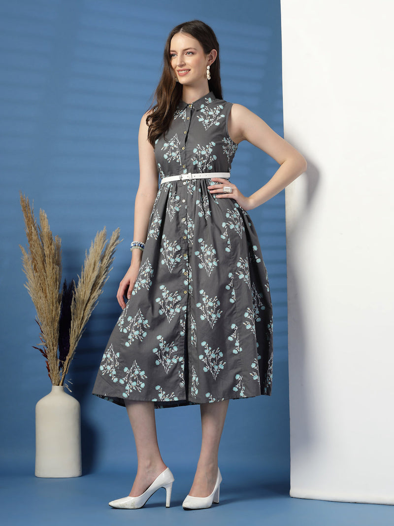 Elegant Grey Sleeveless Printed Cotton Dress