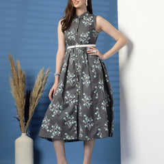 Elegant Grey Sleeveless Printed Cotton Dress