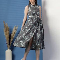 Elegant Grey Sleeveless Printed Cotton Dress
