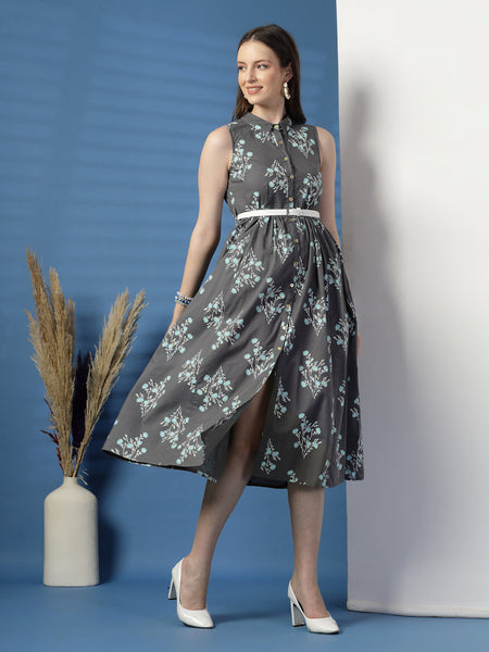 Elegant Grey Sleeveless Printed Cotton Dress
