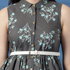 Elegant Grey Sleeveless Printed Cotton Dress
