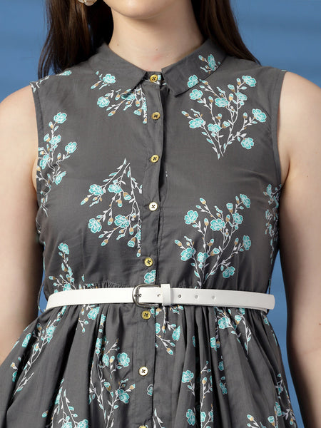 Elegant Grey Sleeveless Printed Cotton Dress
