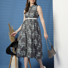 Elegant Grey Sleeveless Printed Cotton Dress