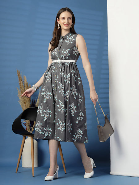 Elegant Grey Sleeveless Printed Cotton Dress
