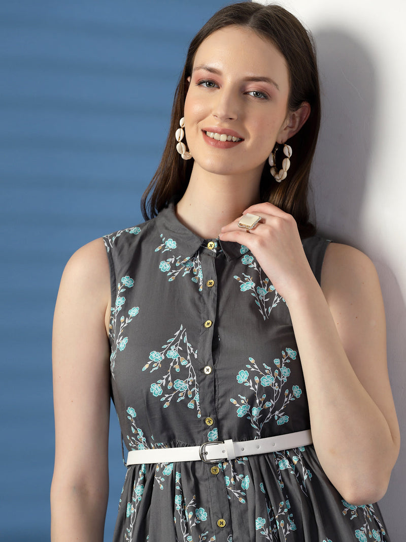 Elegant Grey Sleeveless Printed Cotton Dress