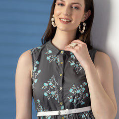 Elegant Grey Sleeveless Printed Cotton Dress