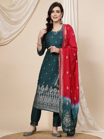 Women Green Color Embroidery Printed Kurta Pant With Dupatta Set