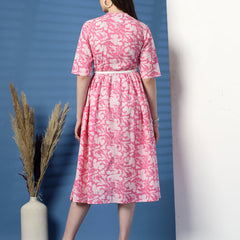 Women Pink Color Printed Pure Cotton Fit and Flare Dress