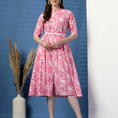 Women Pink Color Printed Pure Cotton Fit and Flare Dress