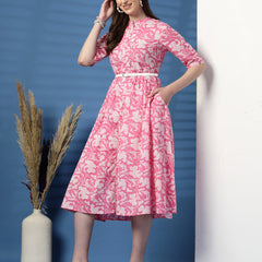 Women Pink Color Printed Pure Cotton Fit and Flare Dress