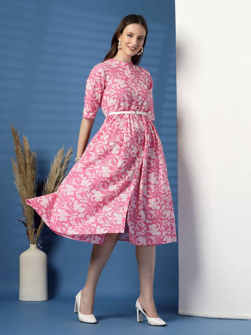Women Pink Color Printed Pure Cotton Fit and Flare Dress