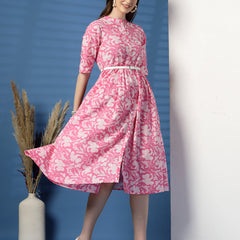 Women Pink Color Printed Pure Cotton Fit and Flare Dress