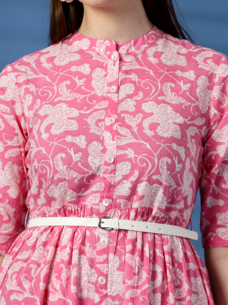 Women Pink Color Printed Pure Cotton Fit and Flare Dress