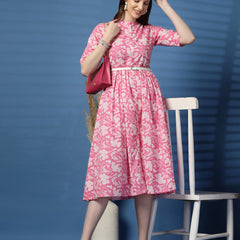 Women Pink Color Printed Pure Cotton Fit and Flare Dress