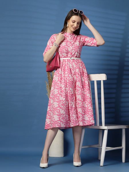 Women Pink Color Printed Pure Cotton Fit and Flare Dress