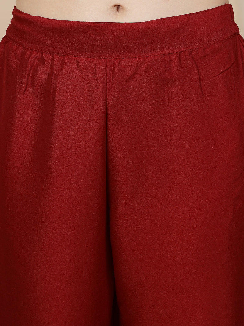 Women Maroon Mirror Work Embroidered Anarkali Kurta With Trouser & Dupatta