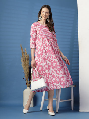 Elegant Pink A-Line Dress with Handwork Detailing