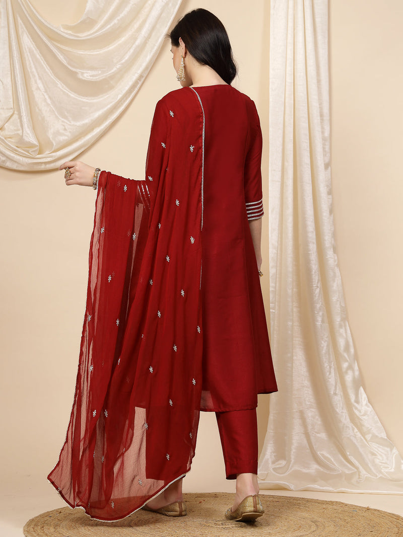 Women Maroon Mirror Work Embroidered Anarkali Kurta With Trouser & Dupatta