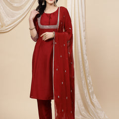 Women Maroon Mirror Work Embroidered Anarkali Kurta With Trouser & Dupatta