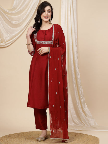 Women Maroon Mirror Work Embroidered Anarkali Kurta With Trouser & Dupatta