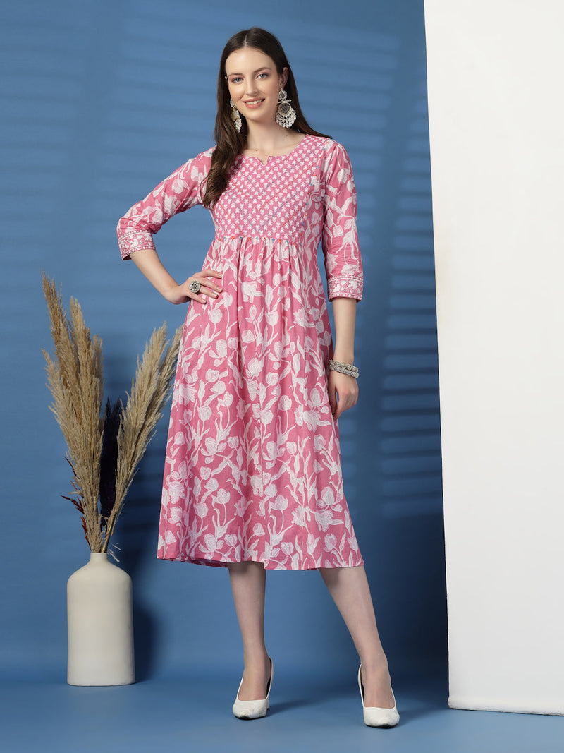 Elegant Pink A-Line Dress with Handwork Detailing