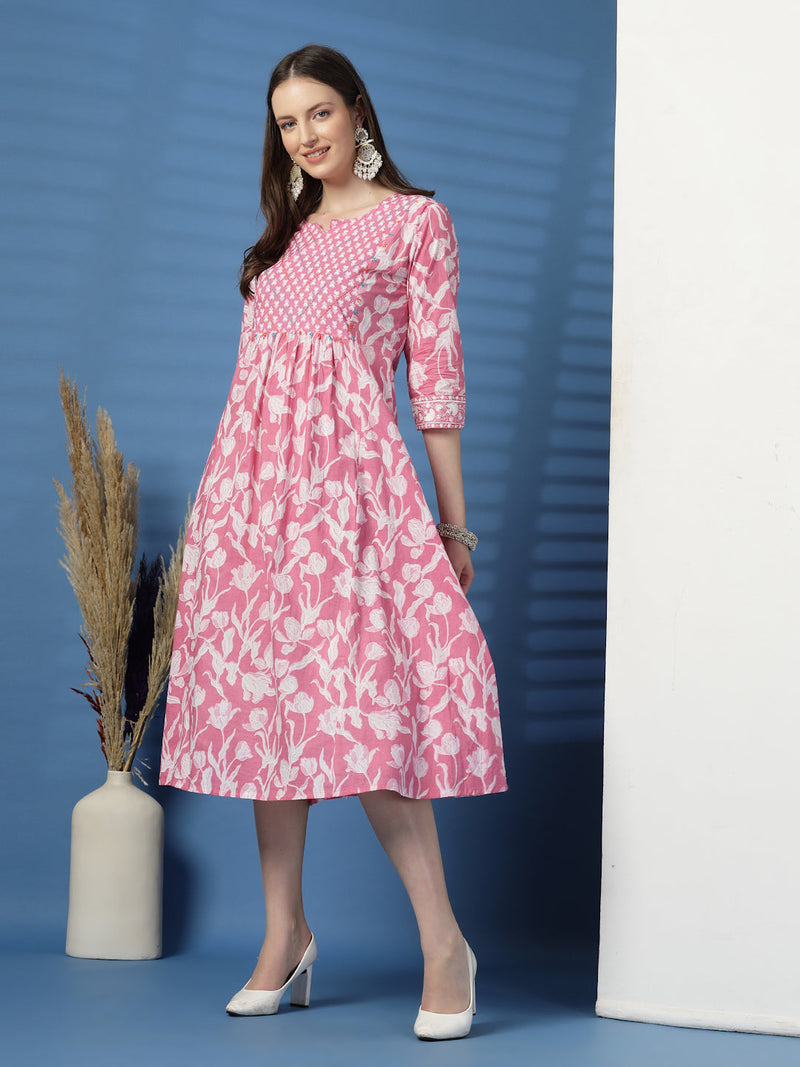 Elegant Pink A-Line Dress with Handwork Detailing