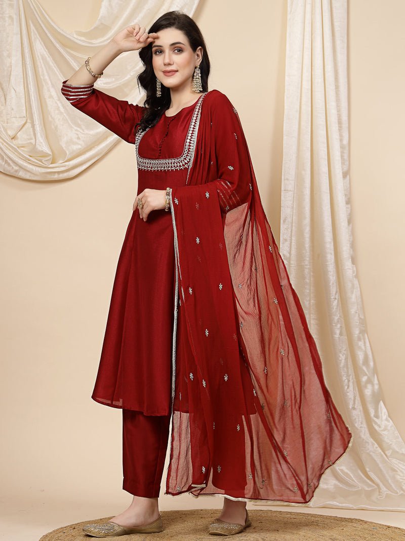 Women Maroon Mirror Work Embroidered Anarkali Kurta With Trouser & Dupatta