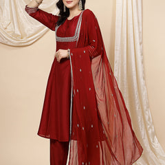 Women Maroon Mirror Work Embroidered Anarkali Kurta With Trouser & Dupatta