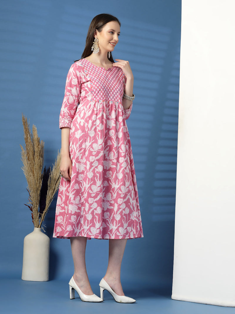 Elegant Pink A-Line Dress with Handwork Detailing