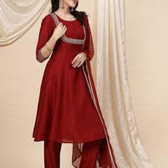 Women Maroon Mirror Work Embroidered Anarkali Kurta With Trouser & Dupatta